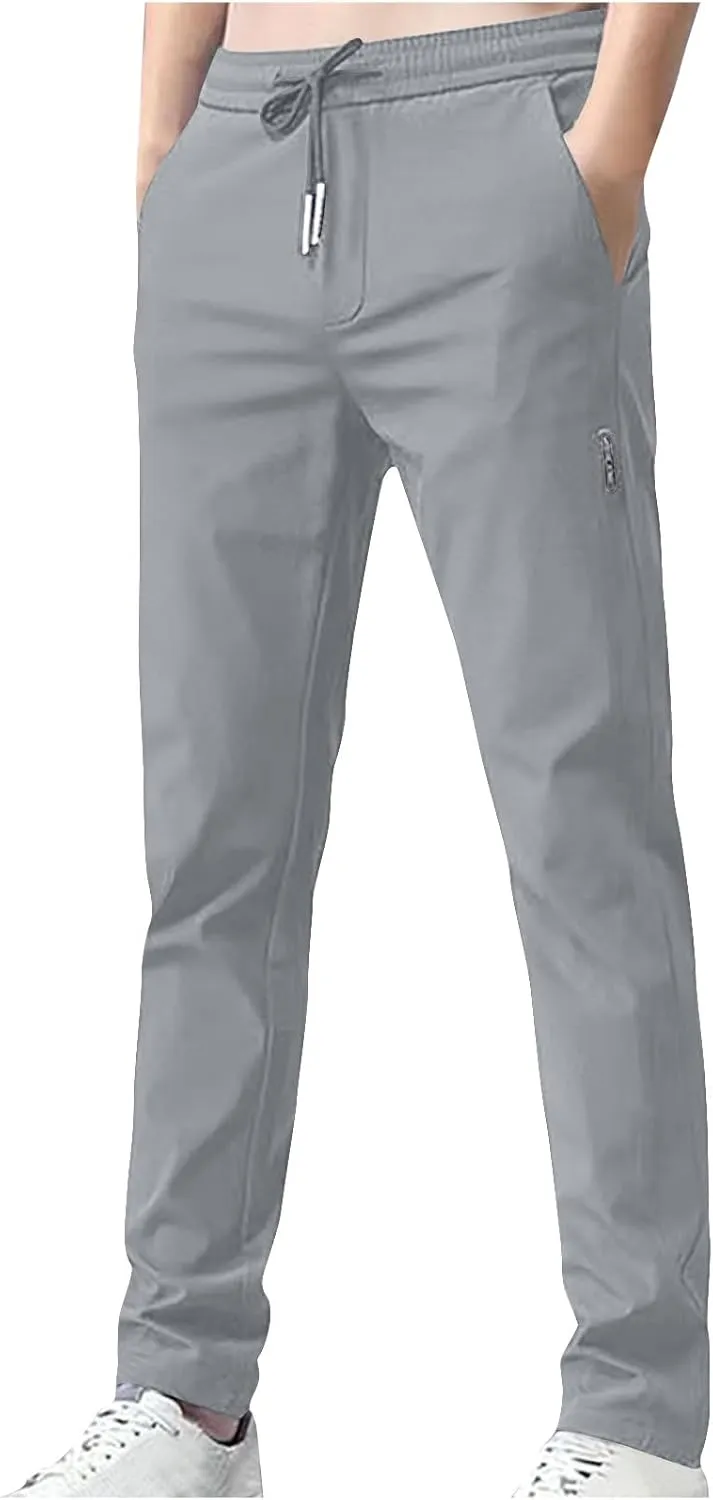 Men's Casual Stretch Pants 2024 Elastic Waist Lightweight Classic Work Pants Slim Fit Summer Beach Pants with Pockets