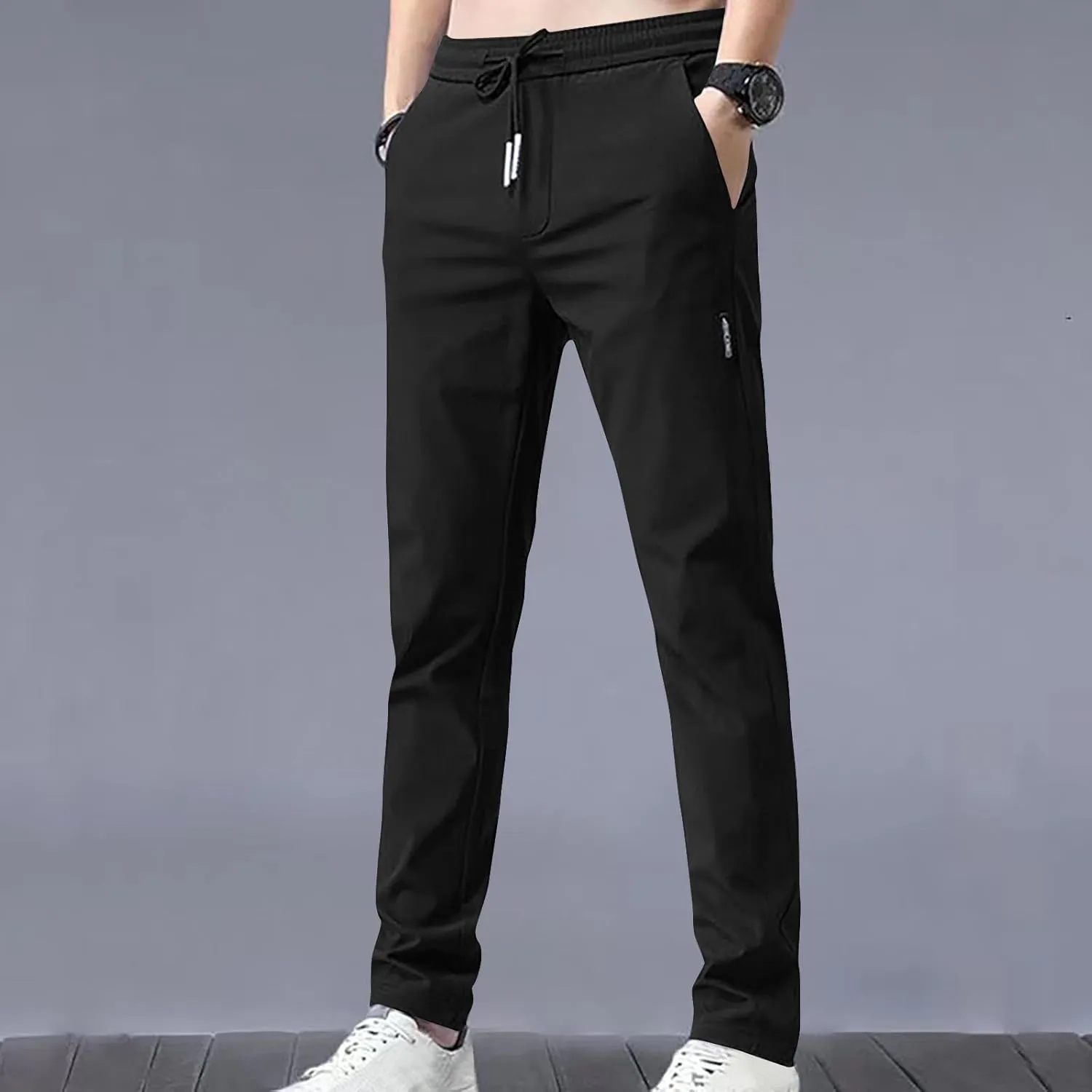Men's Casual Stretch Pants 2024 Elastic Waist Lightweight Classic Work Pants Slim Fit Summer Beach Pants with Pockets