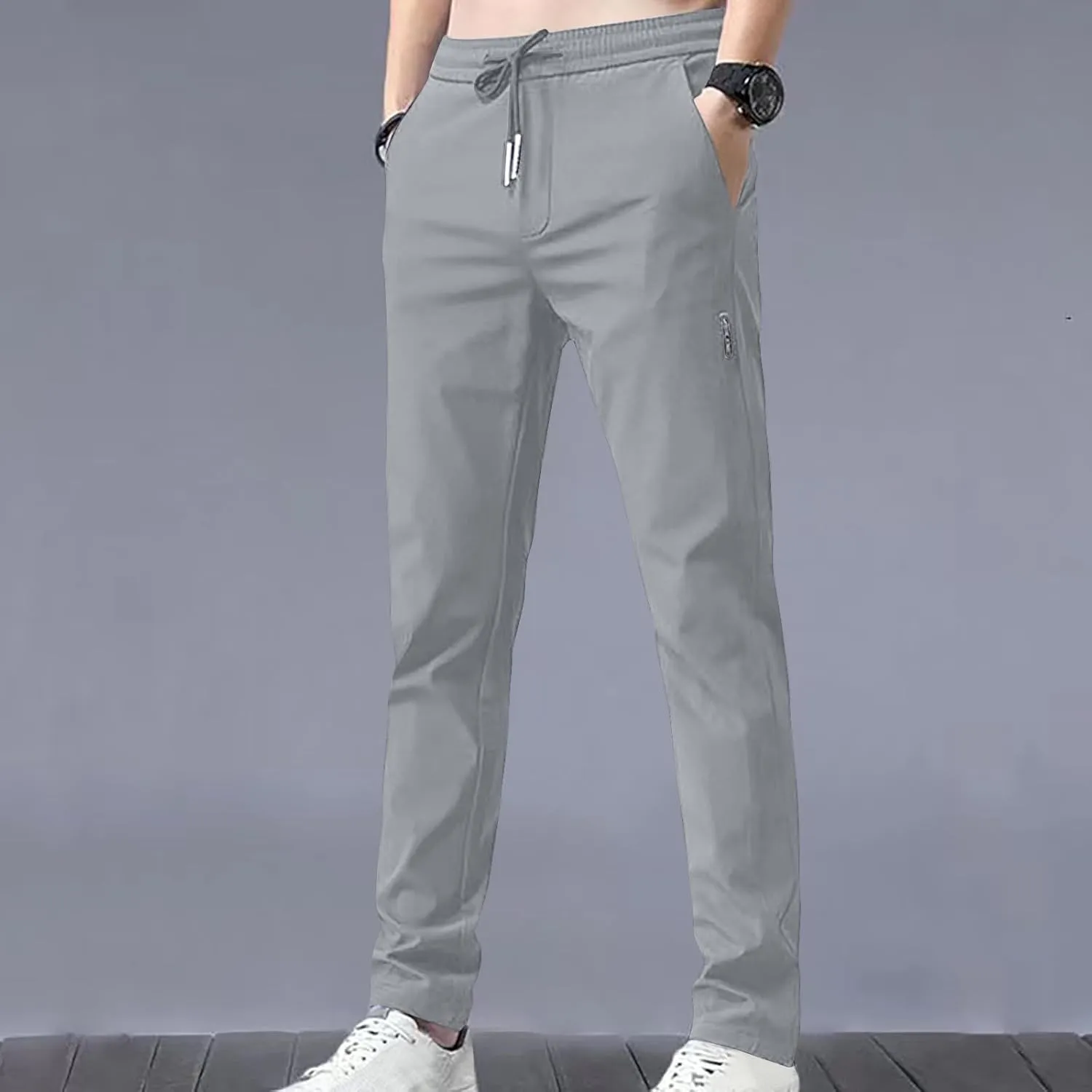 Men's Casual Stretch Pants 2024 Elastic Waist Lightweight Classic Work Pants Slim Fit Summer Beach Pants with Pockets
