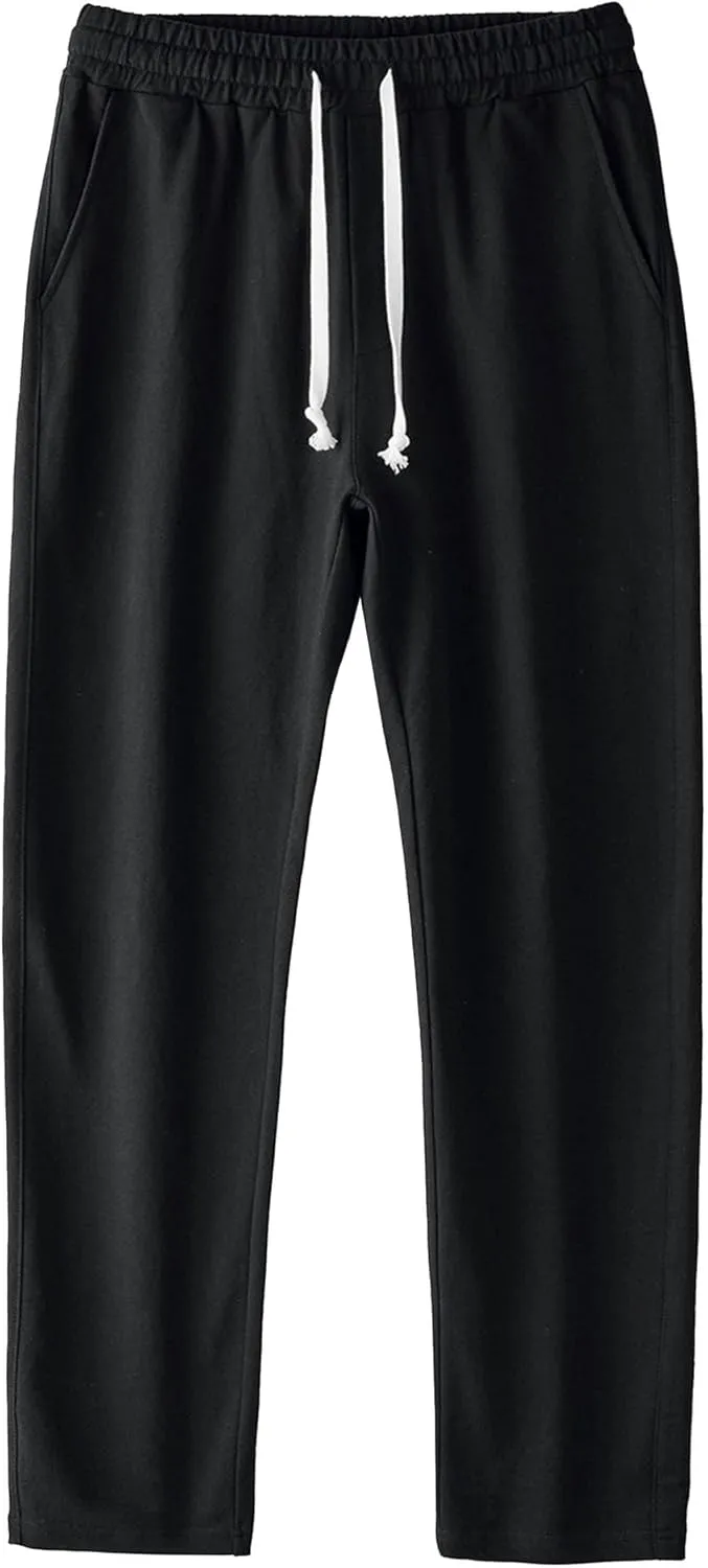 Men's Cotton Basic Comfort Outdoor Pants Straight Leg Drawstring Baggy Trousers Solid Casual Stretch Atletic Pants
