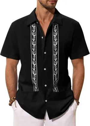 Mens Cuban Guayabera Shirts Cotton Linen Short Sleeve Shirt Casual Hippie Beach Button Down Pocket Shirt
