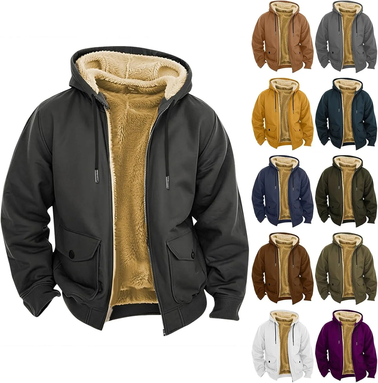 Mens Fleece Hoodie Sherpa Lined Hoodies Jacket Winter Full Zip Warm Heavyweight Thick Fuzzy Hooded Sweatshirt