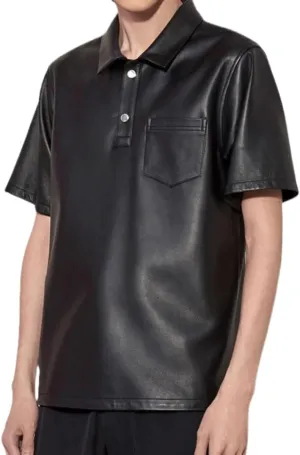 Men's Genuine Leather T-Shirt, Classic Crew Neck Biker Leather Tee, Motorcycle Jacket Shirt Men