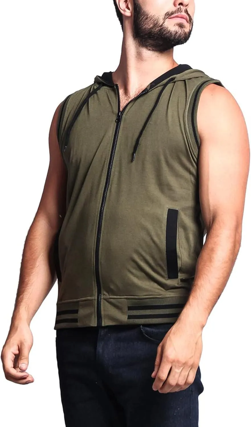 Men's Lightweight Athletic Casual Sleeveless Contrast Zipper Hoodie
