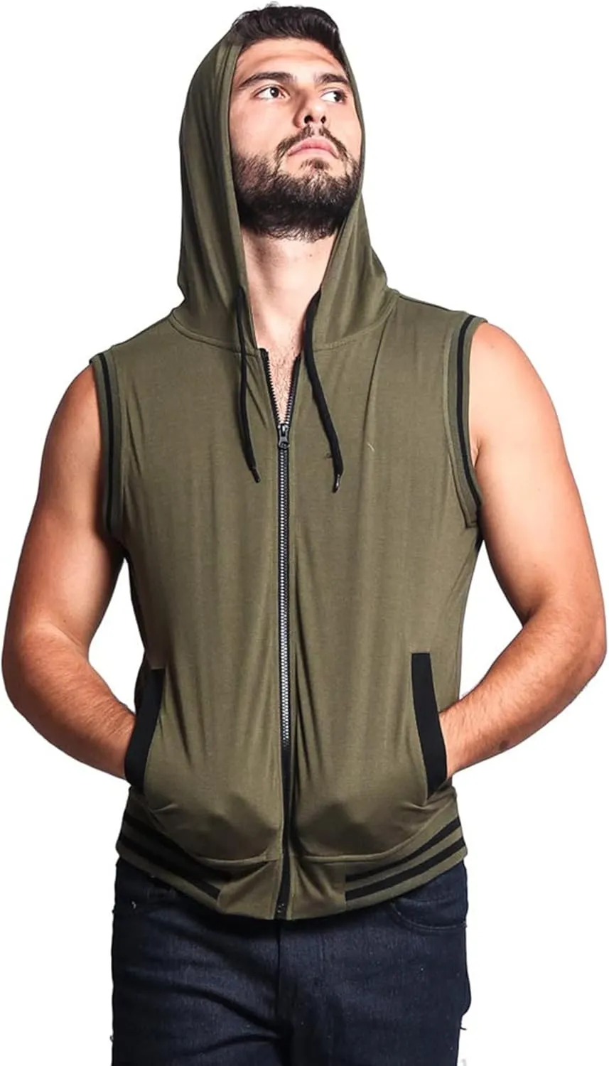 Men's Lightweight Athletic Casual Sleeveless Contrast Zipper Hoodie