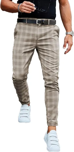 Men's Slim Fit Chino Pants Stretch Skinny Plaid Flat Front Trousers Casual Fashion Business Dress Pants