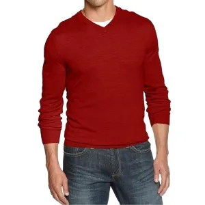 Men's Solid V-Neck Merino Wool Blend Sweater,Red