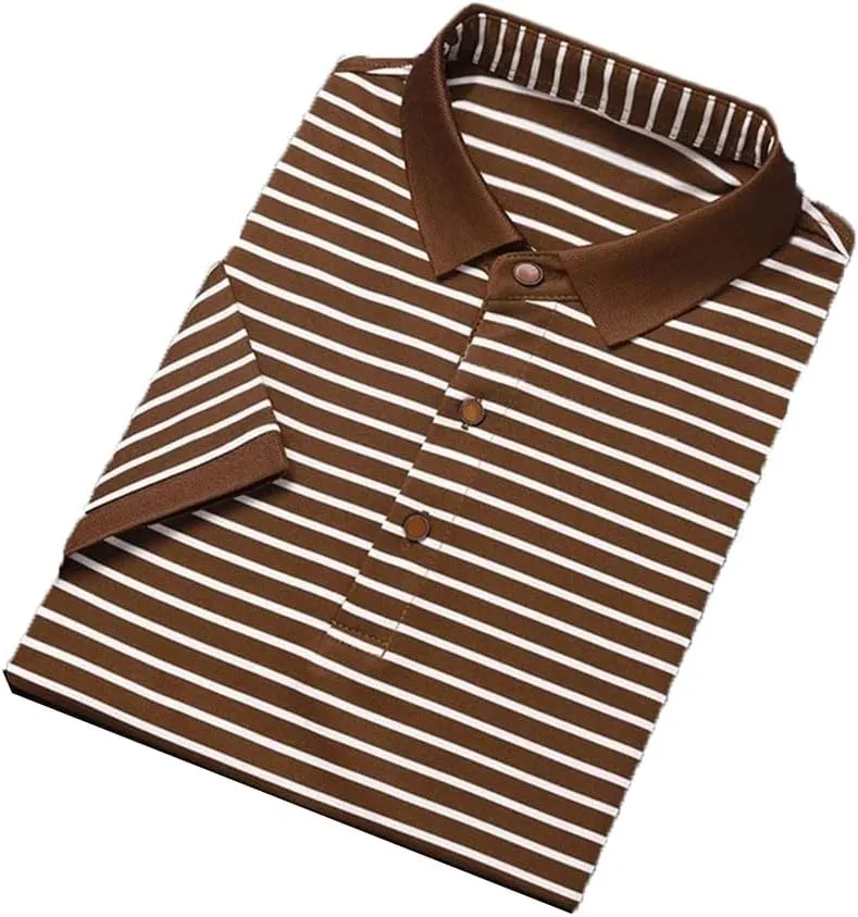 Men's Striped Cotton T-Shirt Business Casual Polo Shirt Short Sleeved Breathable Quick-Dry Tee Tops