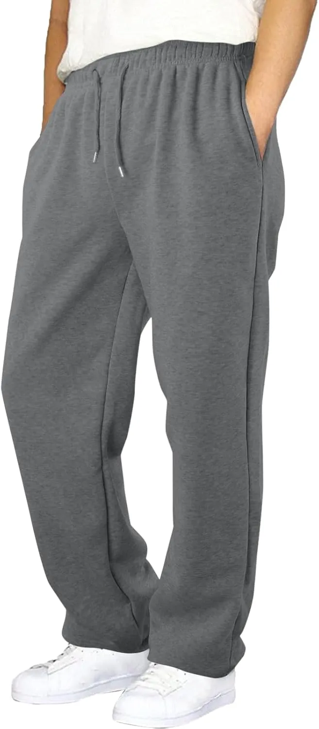 Mens Sweatpants Heavyweight Fleece Cargo Pants, Casual Stretch Elastic Waist Workout Jogger Wide Leg Drawstring Trousers