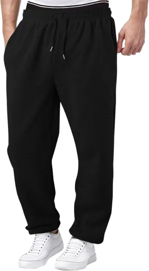 Mens Sweatpants Heavyweight Fleece Cargo Pants, Casual Stretch Elastic Waist Workout Jogger Wide Leg Drawstring Trousers