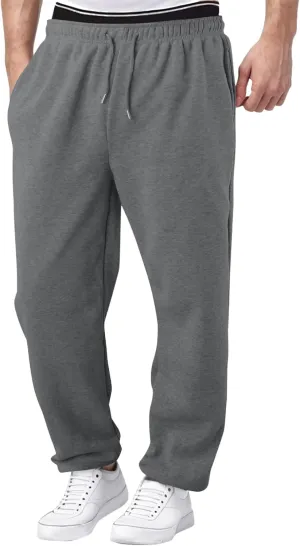 Mens Sweatpants Heavyweight Fleece Cargo Pants, Casual Stretch Elastic Waist Workout Jogger Wide Leg Drawstring Trousers