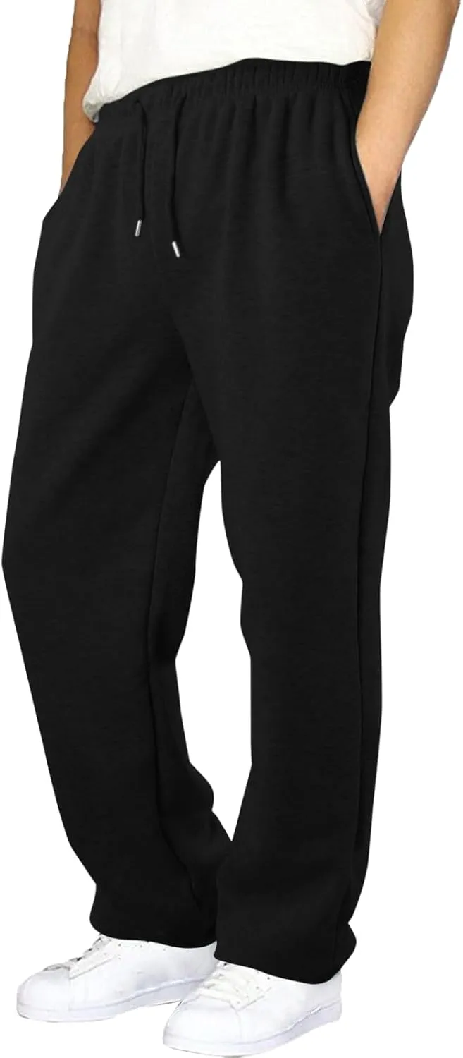 Mens Sweatpants Heavyweight Fleece Cargo Pants, Casual Stretch Elastic Waist Workout Jogger Wide Leg Drawstring Trousers