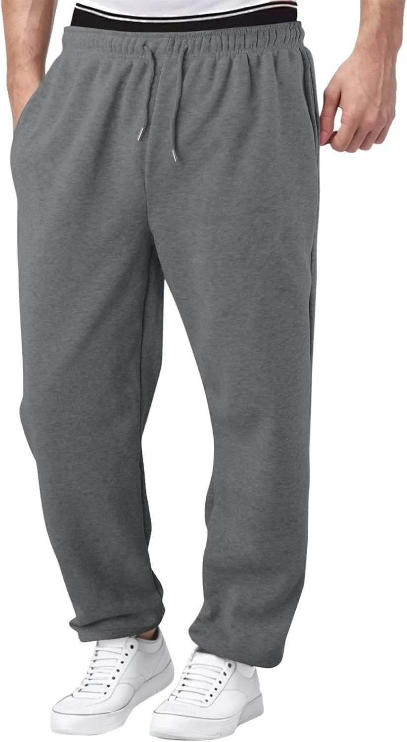 Mens Sweatpants Heavyweight Fleece Cargo Pants, Casual Stretch Elastic Waist Workout Jogger Wide Leg Drawstring Trousers