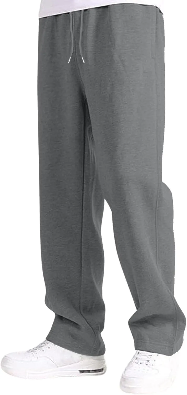 Mens Sweatpants Heavyweight Fleece Cargo Pants, Casual Stretch Elastic Waist Workout Jogger Wide Leg Drawstring Trousers