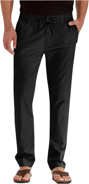 Mens Work Pants Drawstring Elastic Waist Business Casual Trousers Loose Straight Leg Summer Pull On Pants with Pocket