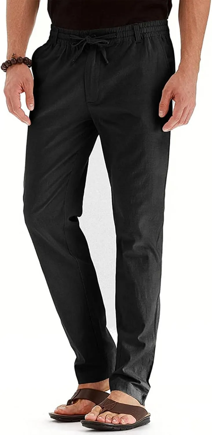 Mens Work Pants Drawstring Elastic Waist Business Casual Trousers Loose Straight Leg Summer Pull On Pants with Pocket