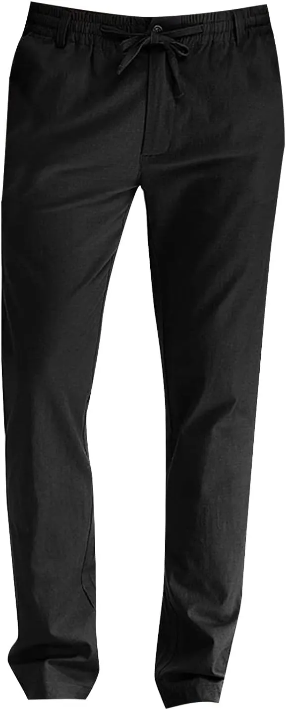 Mens Work Pants Drawstring Elastic Waist Business Casual Trousers Loose Straight Leg Summer Pull On Pants with Pocket