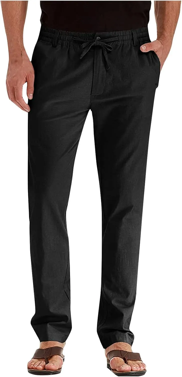 Mens Work Pants Drawstring Elastic Waist Business Casual Trousers Loose Straight Leg Summer Pull On Pants with Pocket