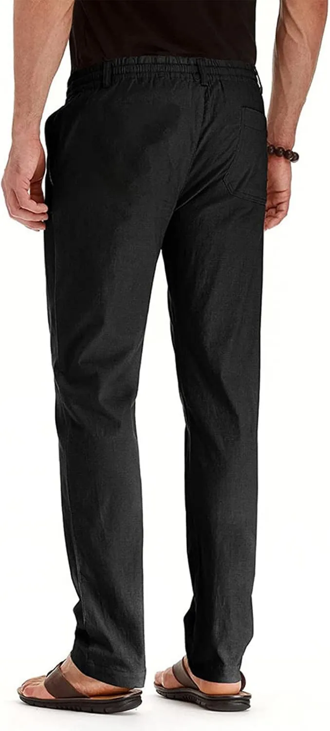 Mens Work Pants Drawstring Elastic Waist Business Casual Trousers Loose Straight Leg Summer Pull On Pants with Pocket