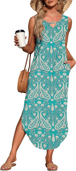 MISFAY Women's Summer Maxi Dress Sleeveless Loose Long Beach Split Dresses with Pockets