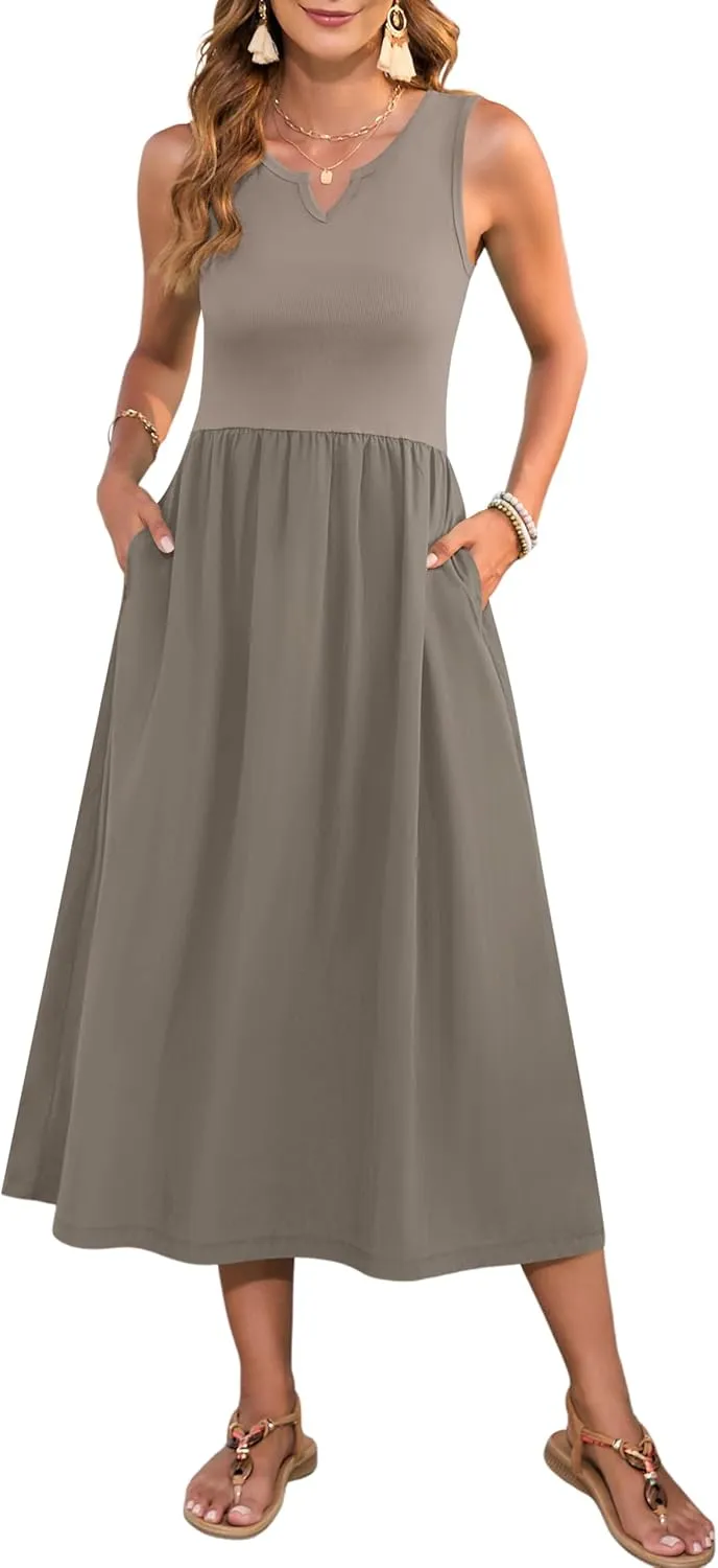 MOLERANI Women Summer Casual Sleeveless Midi Sundress 2025 Patchwork Knit V Neck Tank Flowy Beach Vacation Dress with Pockets