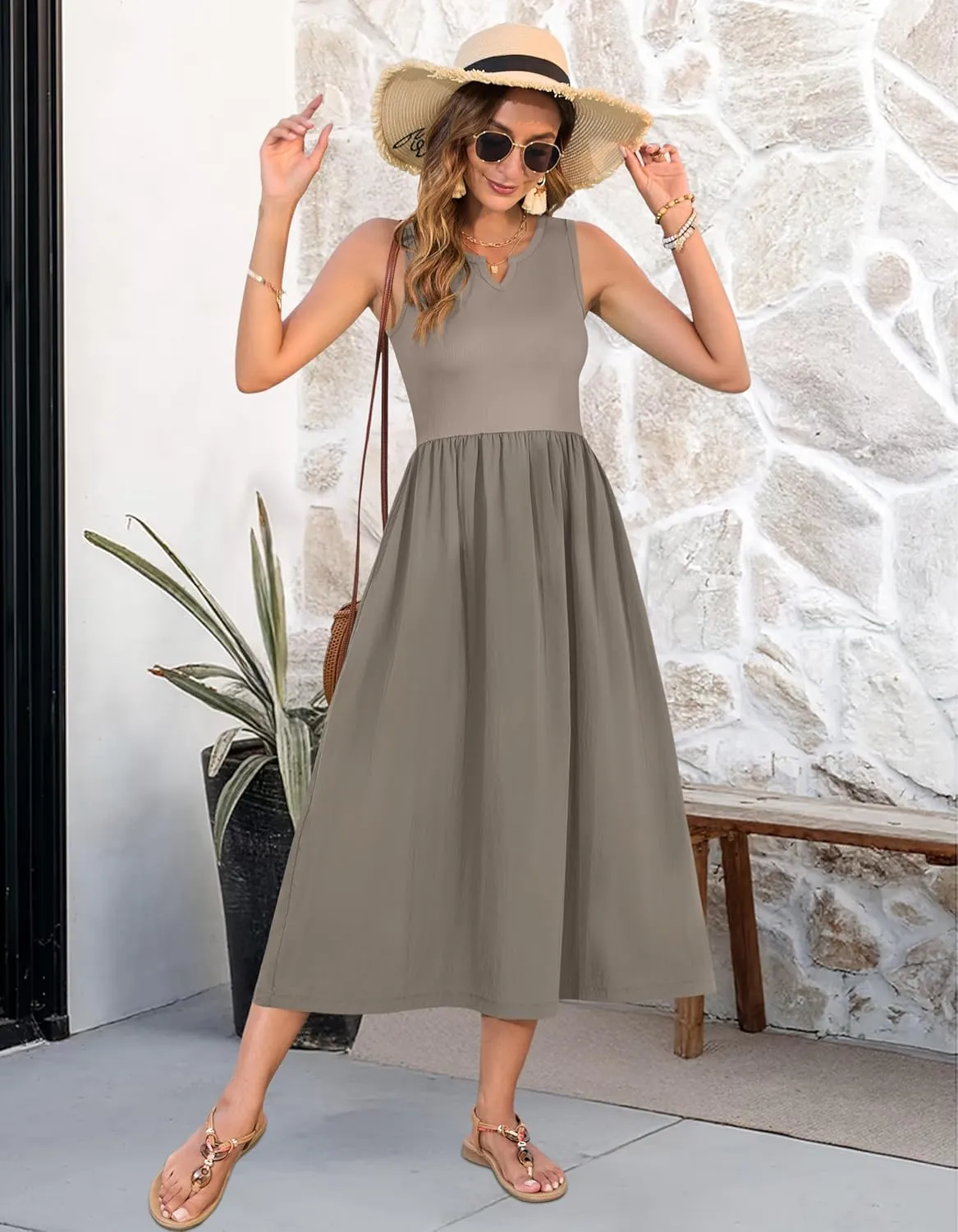 MOLERANI Women Summer Casual Sleeveless Midi Sundress 2025 Patchwork Knit V Neck Tank Flowy Beach Vacation Dress with Pockets