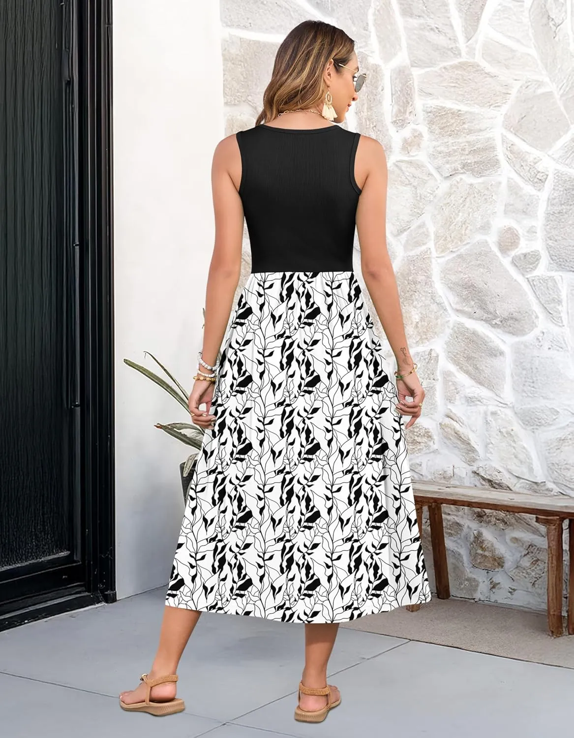 MOLERANI Women Summer Casual Sleeveless Midi Sundress 2025 Patchwork Knit V Neck Tank Flowy Beach Vacation Dress with Pockets