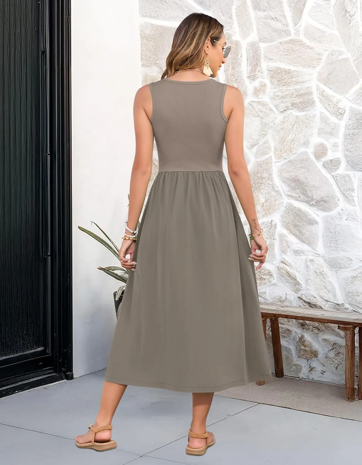 MOLERANI Women Summer Casual Sleeveless Midi Sundress 2025 Patchwork Knit V Neck Tank Flowy Beach Vacation Dress with Pockets