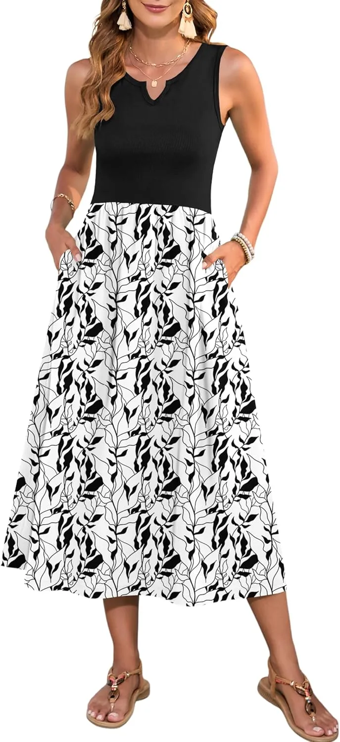 MOLERANI Women Summer Casual Sleeveless Midi Sundress 2025 Patchwork Knit V Neck Tank Flowy Beach Vacation Dress with Pockets