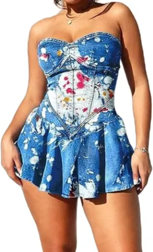 Molisry Women's Summer Tube Top Denim Dress Off Shoulder Sleeveless Sexy Cute Ruffle Pleated Jean Mini Dress Clubwear
