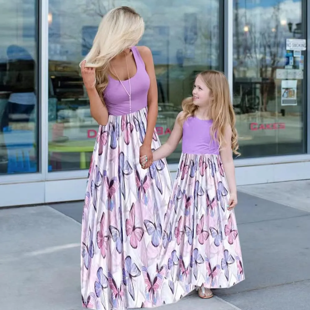 Mommy and Me Family Outfits, Stripe Stitching Dress,Summer Matching Maxi Dress with Pocket for Mother's Day