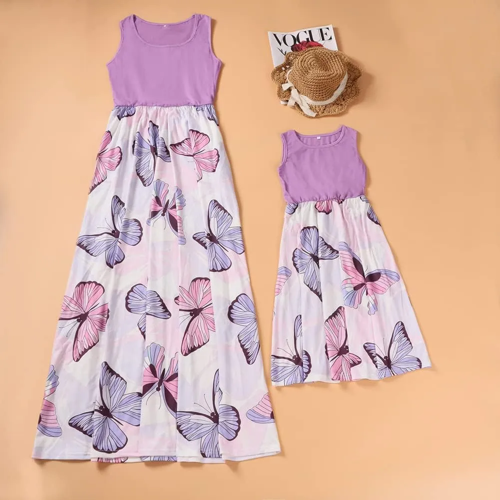 Mommy and Me Family Outfits, Stripe Stitching Dress,Summer Matching Maxi Dress with Pocket for Mother's Day
