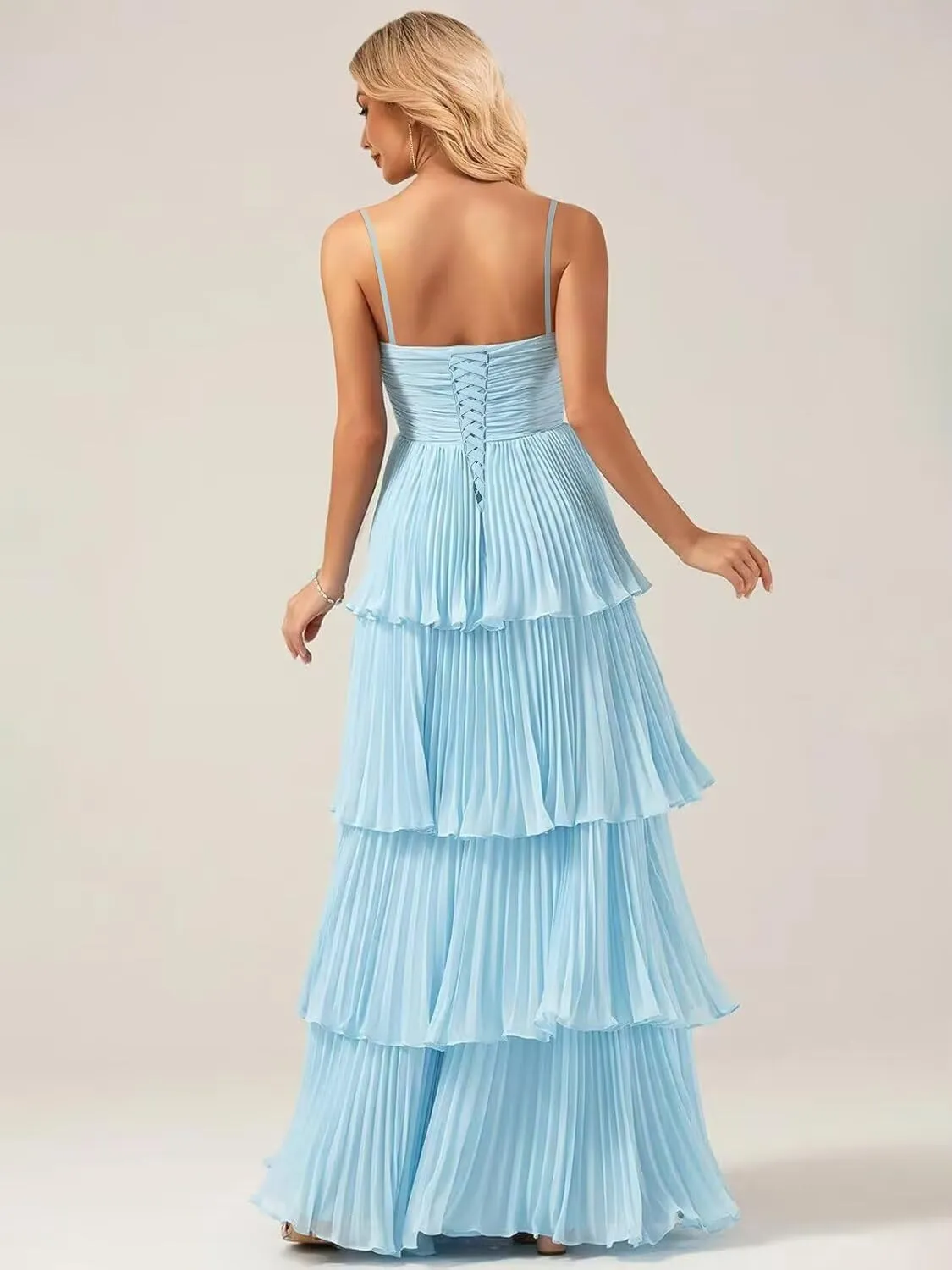 Monvelli Women's Tiered Ruffle Bridesmaid Dresses Long Chiffon Spaghetti Straps Pleated Formal Prom Evening Party Gowns