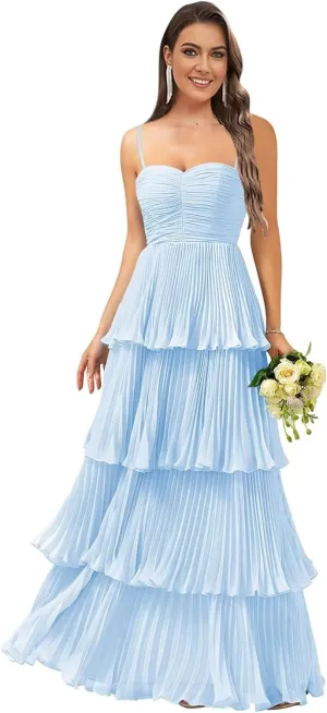 Monvelli Women's Tiered Ruffle Bridesmaid Dresses Long Chiffon Spaghetti Straps Pleated Formal Prom Evening Party Gowns