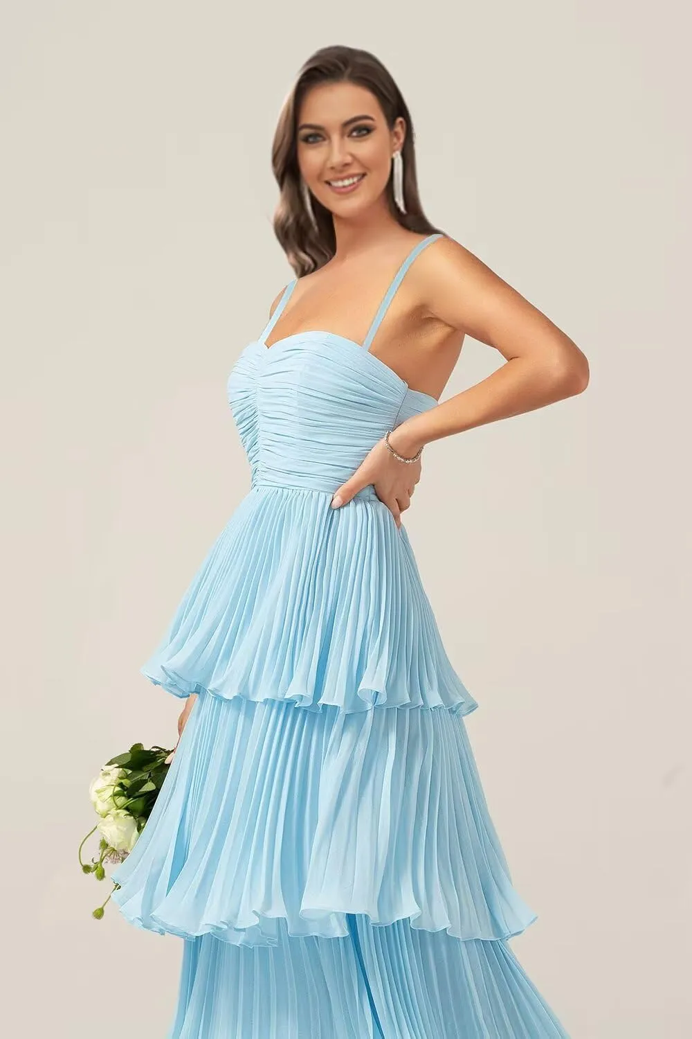 Monvelli Women's Tiered Ruffle Bridesmaid Dresses Long Chiffon Spaghetti Straps Pleated Formal Prom Evening Party Gowns