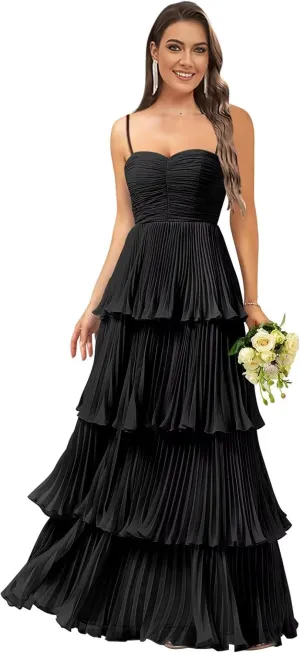 Monvelli Women's Tiered Ruffle Bridesmaid Dresses Long Chiffon Spaghetti Straps Pleated Formal Prom Evening Party Gowns