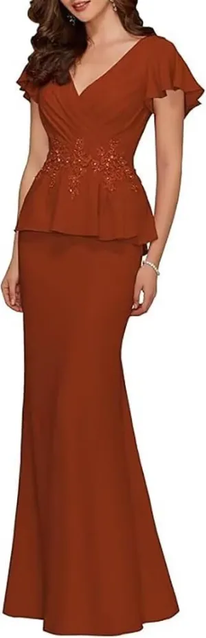 Mother of The Bride Dress 2025 Womens Chiffon V Neck Mermaid Grandmother of The Groom Dress with Cap Sleeve