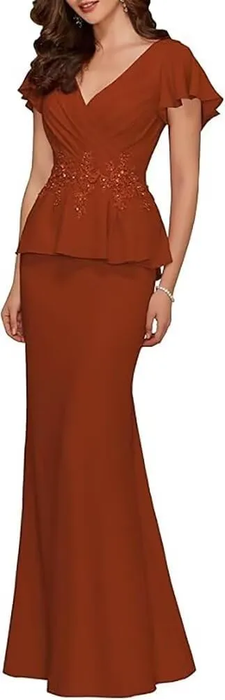 Mother of The Bride Dress 2025 Womens Chiffon V Neck Mermaid Grandmother of The Groom Dress with Cap Sleeve