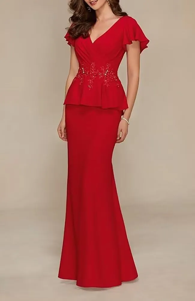 Mother of The Bride Dress 2025 Womens Chiffon V Neck Mermaid Grandmother of The Groom Dress with Cap Sleeve