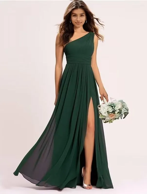 Mulesy One Shoulder Bridesmaid Dresses for Wedding Chiffon Pleated A-Line Prom Dress 2024 Formal Party Gowns with Slit