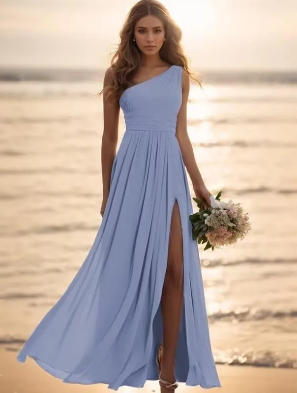 Mulesy One Shoulder Bridesmaid Dresses for Wedding Chiffon Pleated A-Line Prom Dress 2024 Formal Party Gowns with Slit