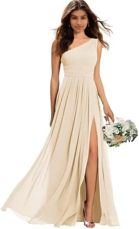 Mulesy One Shoulder Bridesmaid Dresses for Wedding Chiffon Pleated A-Line Prom Dress 2024 Formal Party Gowns with Slit