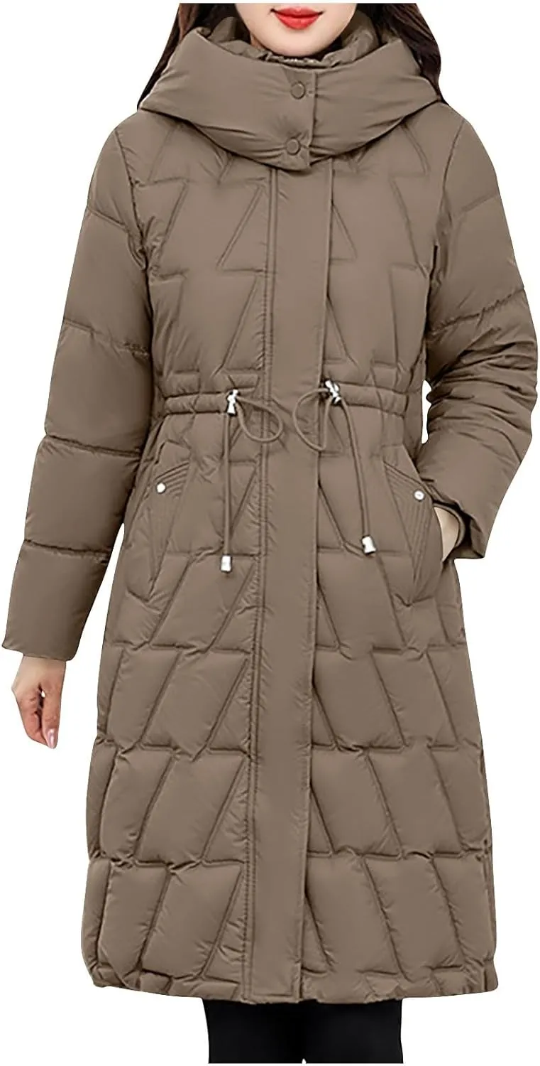 NATHGAM Women Long Puffer Jacket Winter Warm Thickened Cotton-Padded Hooded Outerwear Zip Trendy Going Out Parkas Down Jacket