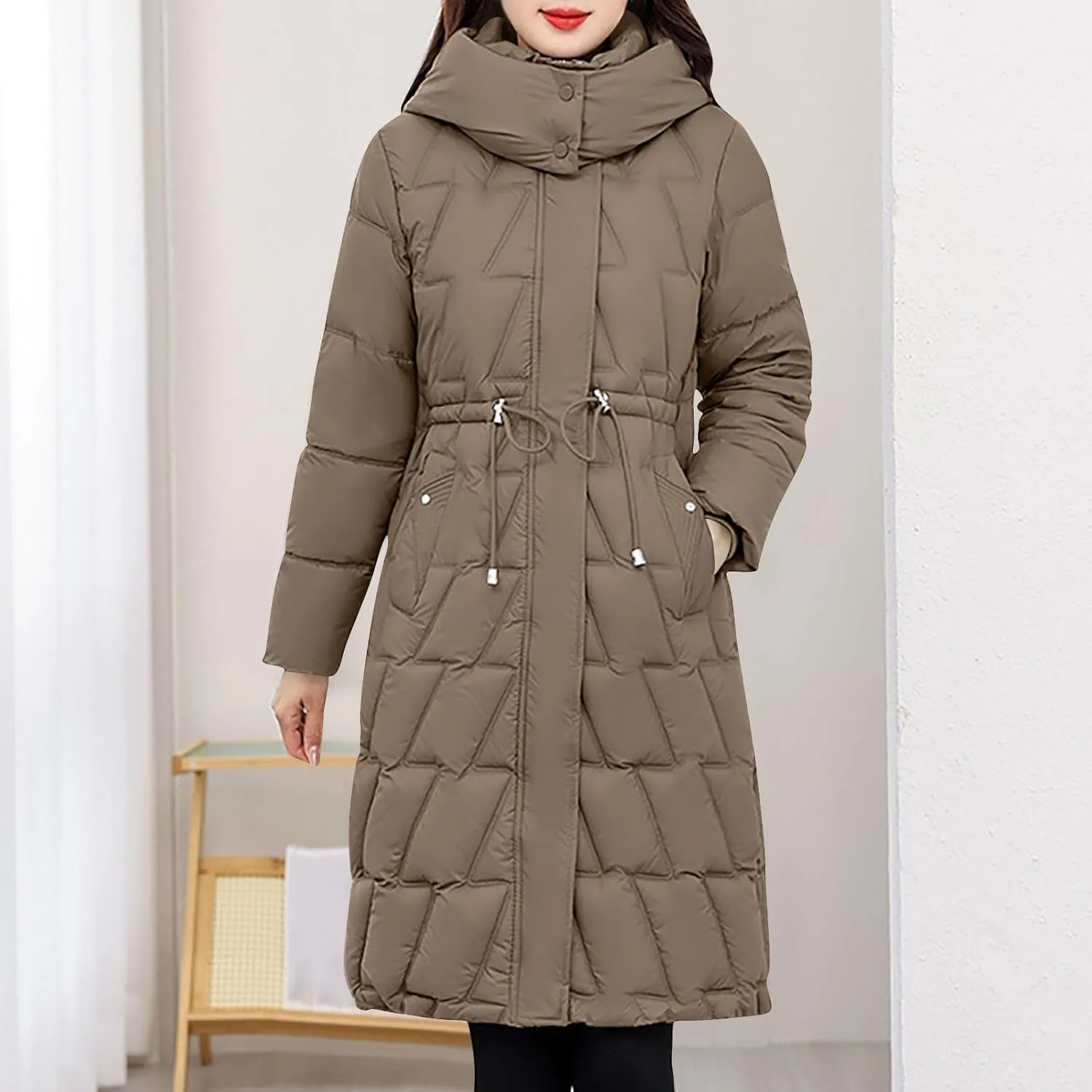 NATHGAM Women Long Puffer Jacket Winter Warm Thickened Cotton-Padded Hooded Outerwear Zip Trendy Going Out Parkas Down Jacket