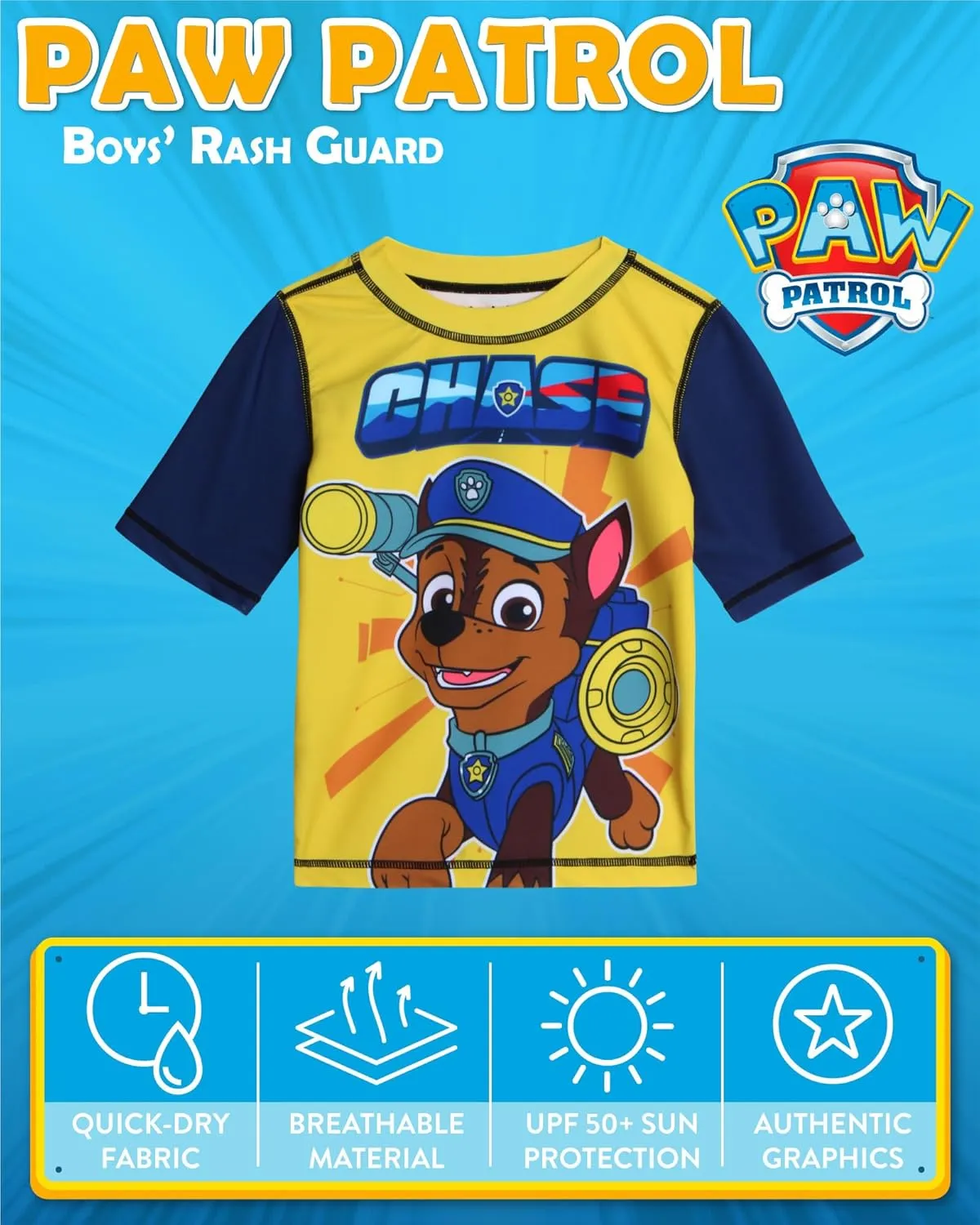 Nickelodeon Boys' Rash Guard Short Sleeve Top - Paw Patrol Chase & Marshall Quick Dry UPF50  Sun Protection Swim Shirt (2T-7)