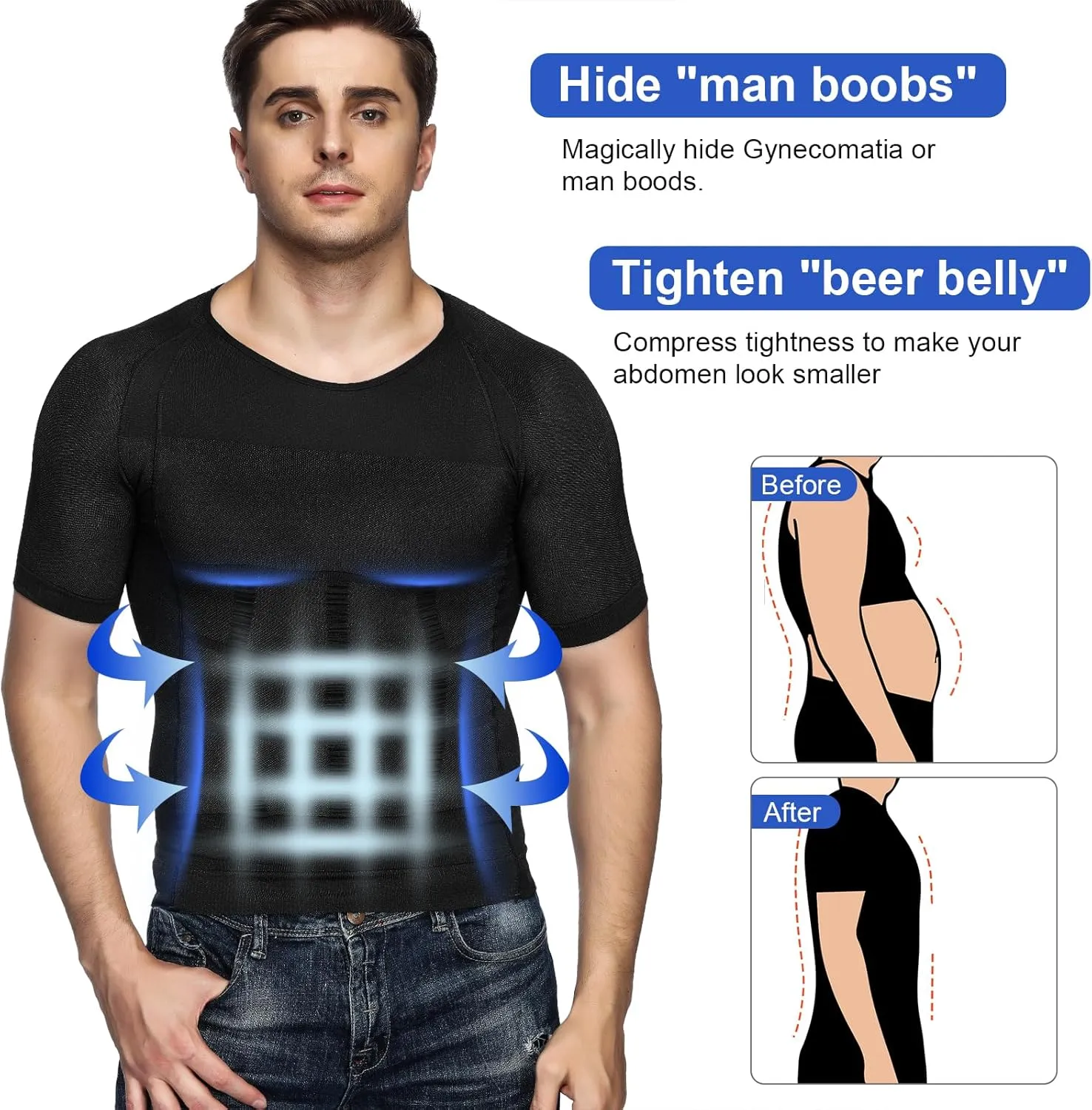 Odoland Men's Compression Shirt, Short Sleeve Shapewear Body Shaper, Slimming Shirt Tank Top Tummy Vest
