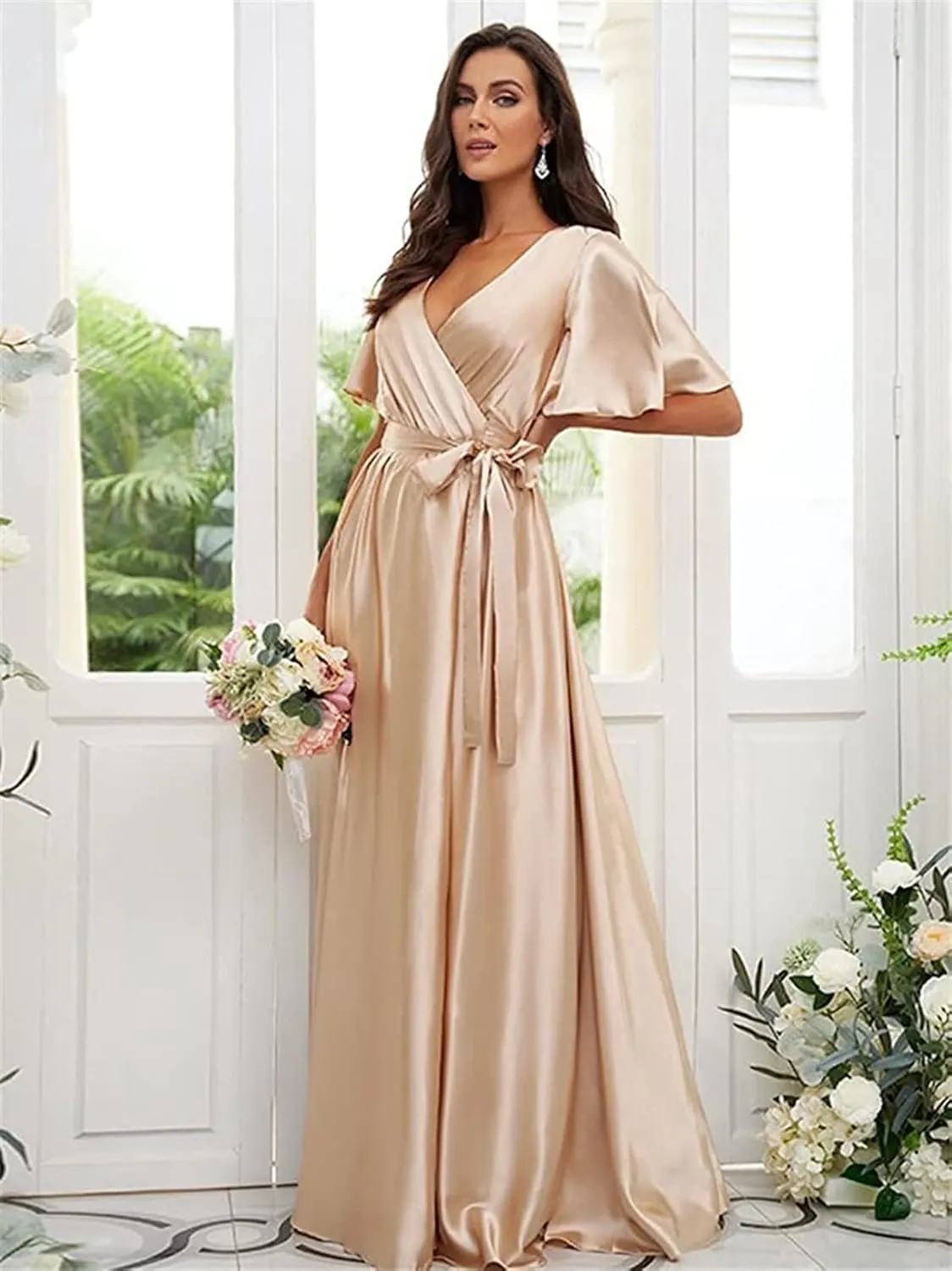 OFEECHUN Women's V Neck Satin Bridesmaid Dresses with Sleeves Slit A Line Long Formal Dress Party Gowns