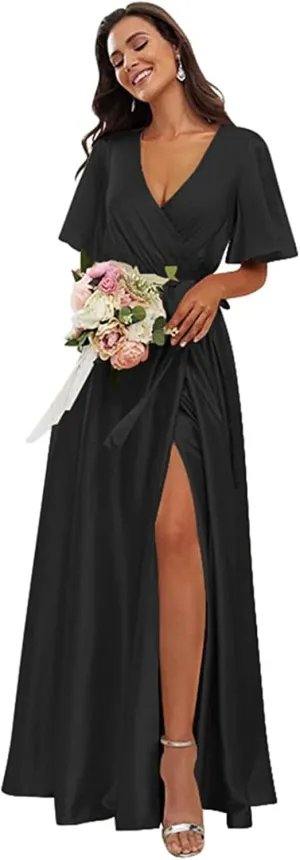 OFEECHUN Women's V Neck Satin Bridesmaid Dresses with Sleeves Slit A Line Long Formal Dress Party Gowns