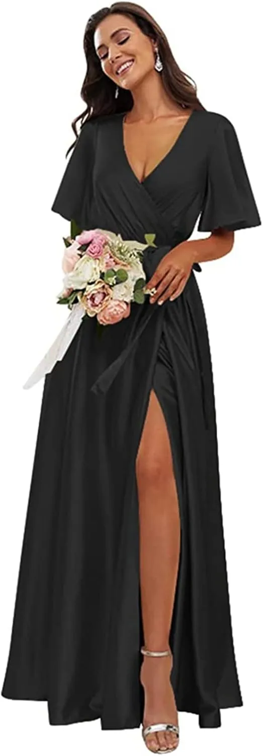 OFEECHUN Women's V Neck Satin Bridesmaid Dresses with Sleeves Slit A Line Long Formal Dress Party Gowns
