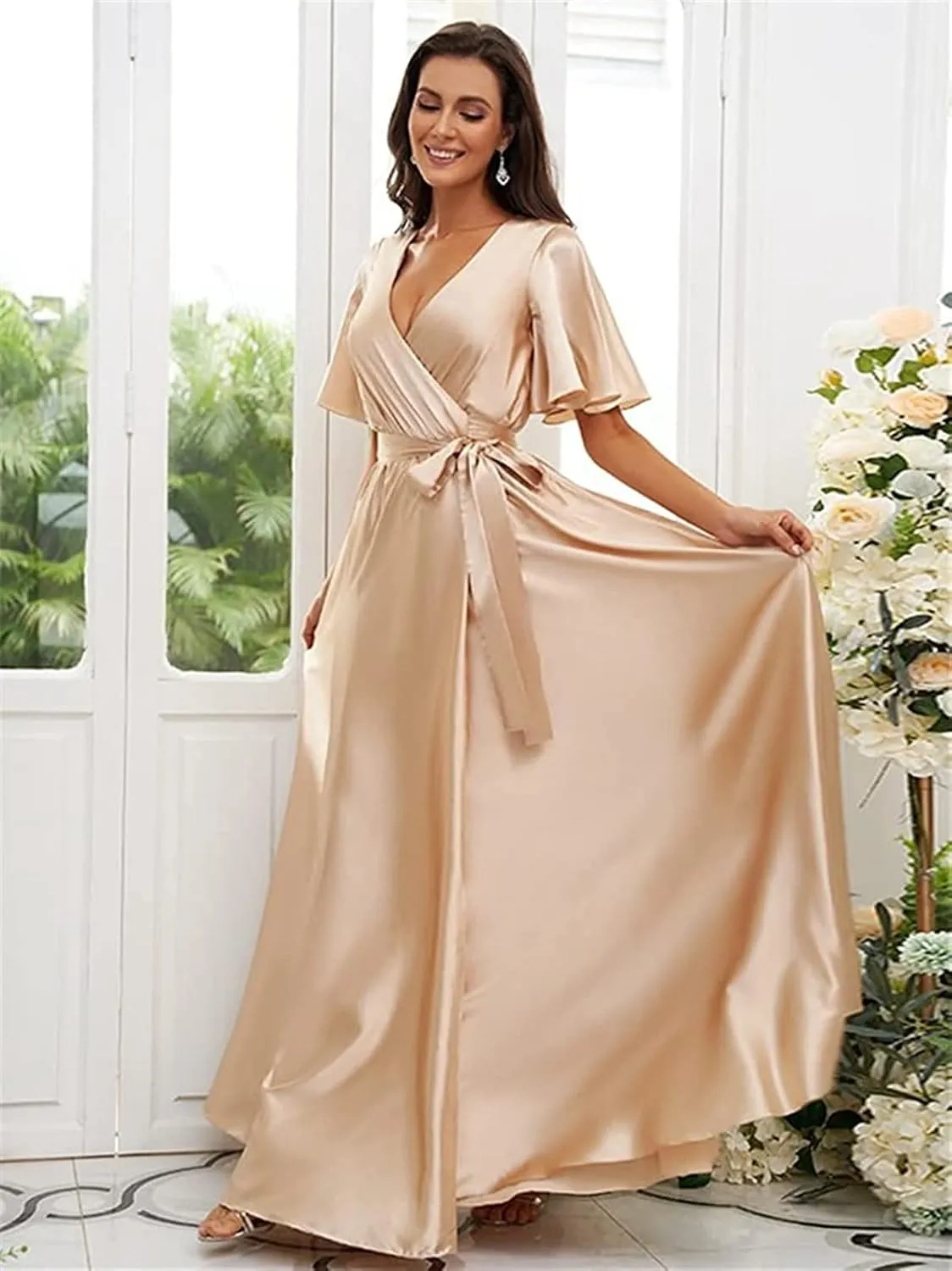OFEECHUN Women's V Neck Satin Bridesmaid Dresses with Sleeves Slit A Line Long Formal Dress Party Gowns